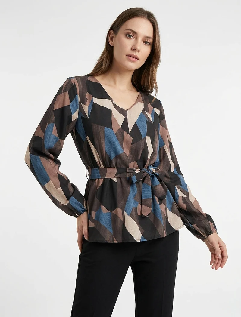 Bluse mit abstraktem Print im Peplum-Stil - Braun