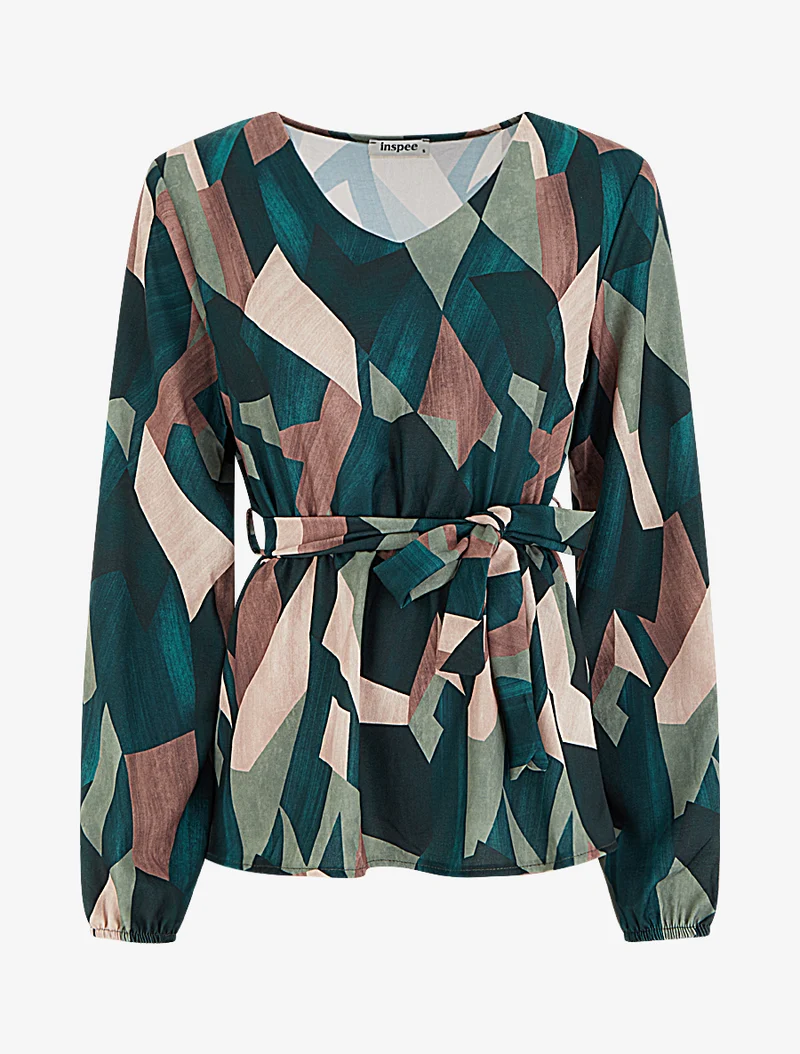 Bluse mit abstraktem Print im Peplum-Stil - Tannengrün