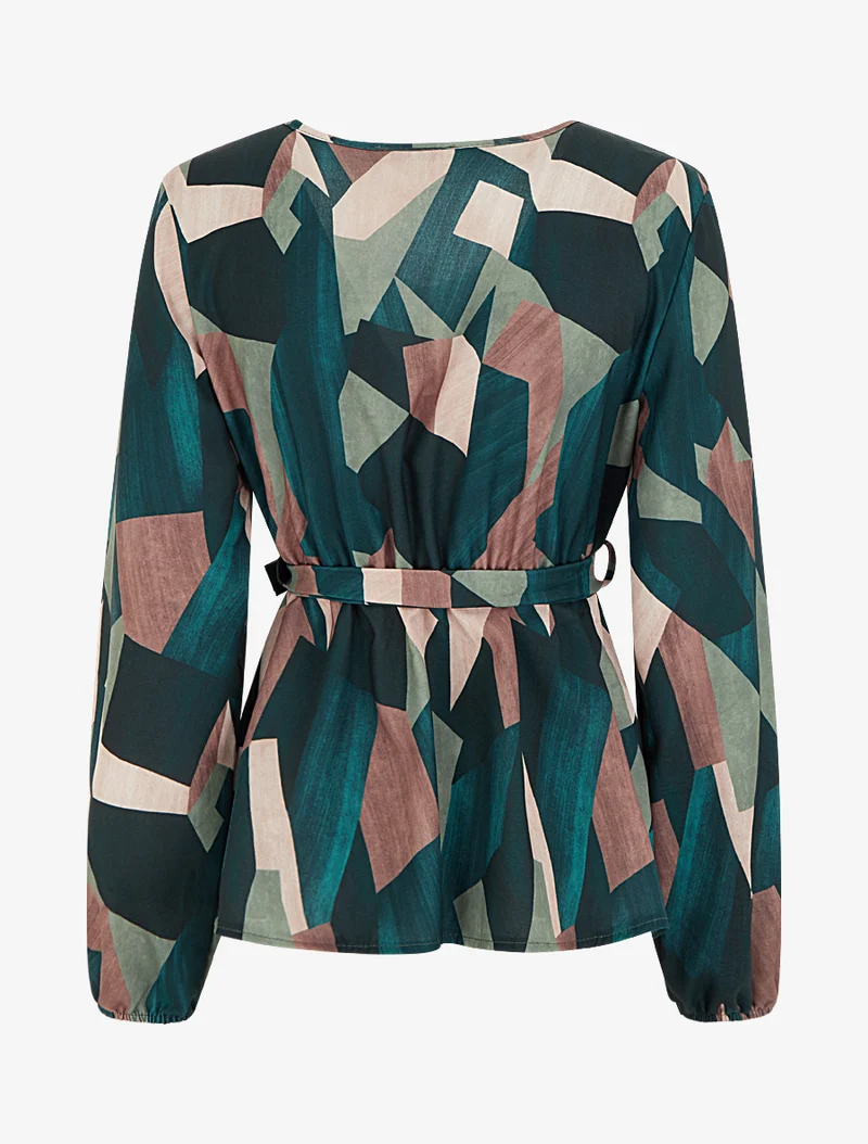 Bluse mit abstraktem Print im Peplum-Stil - Tannengrün