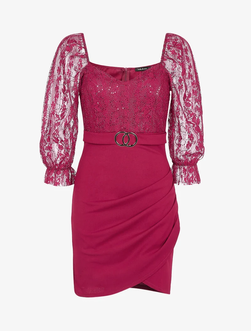 Spitzen- und Pailletten-Kleid - Bordeaux