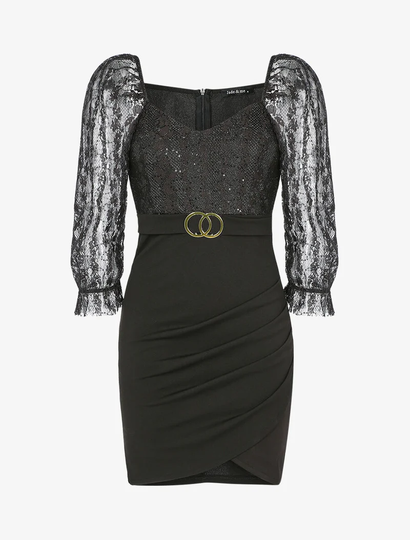 Spitzen- und Pailletten-Kleid - Schwarz