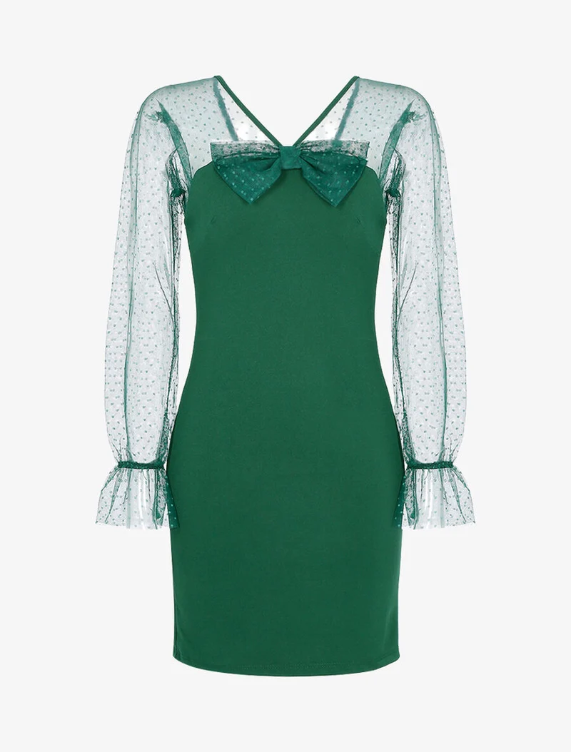 Kleid mit gepunktetem Tüll-Einsatz - Grün