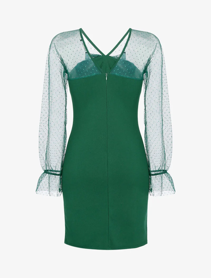 Kleid mit gepunktetem Tüll-Einsatz - Grün