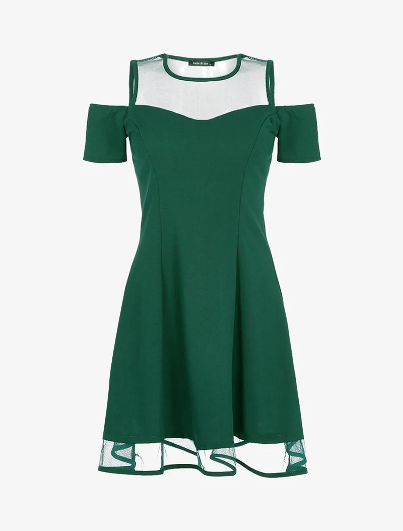 Schulterfreies Kleid mit Netzstoff - Grün