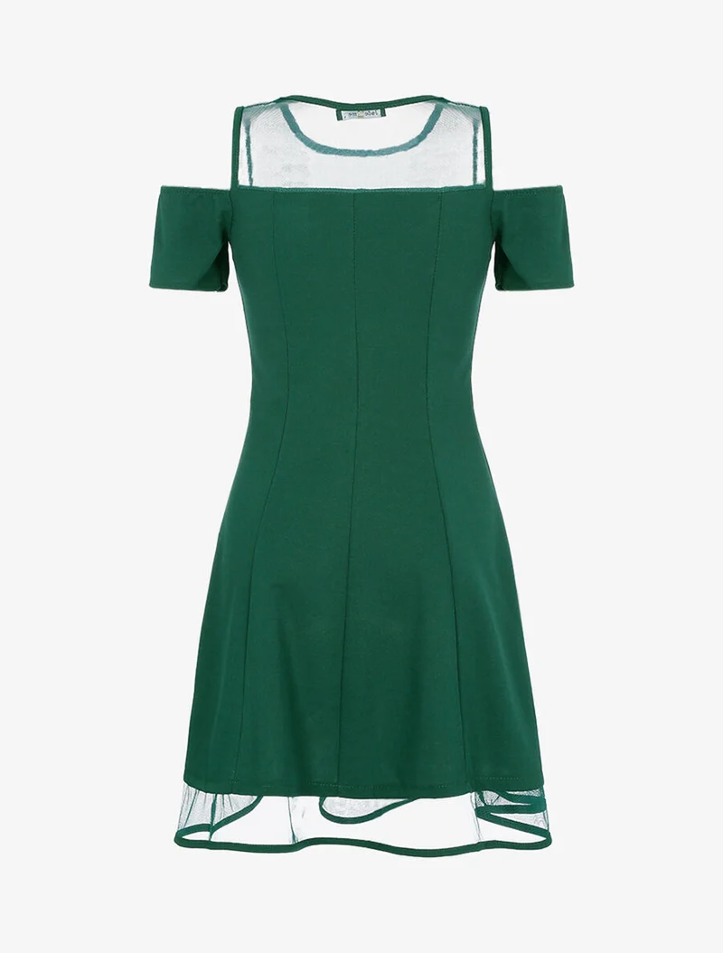 Schulterfreies Kleid mit Netzstoff - Grün