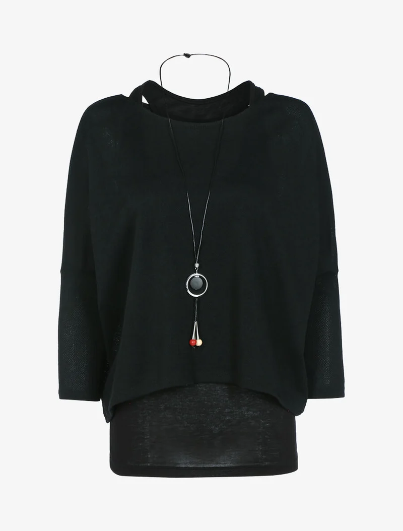 Kurzes Top mit Tanktop und langer Halskette - Schwarz