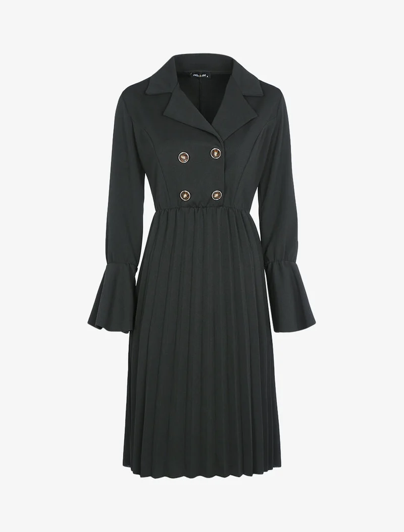Offiziersstil-Kleid mit plissiertem Saum - Schwarz