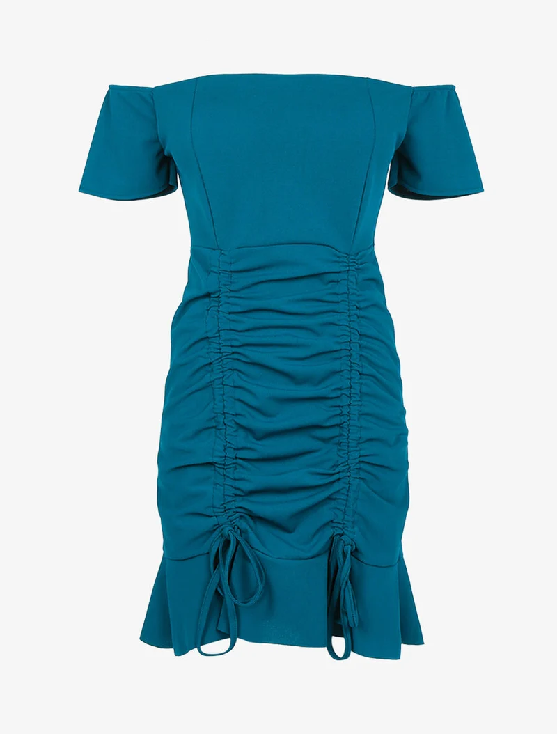 Kleid mit Kordelzug - Petrolblau