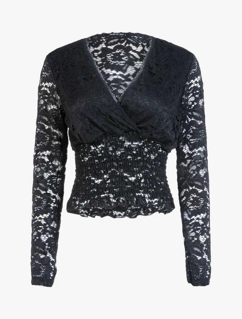 Spitzen-Crop-Top mit Muschelsaum - Schwarz