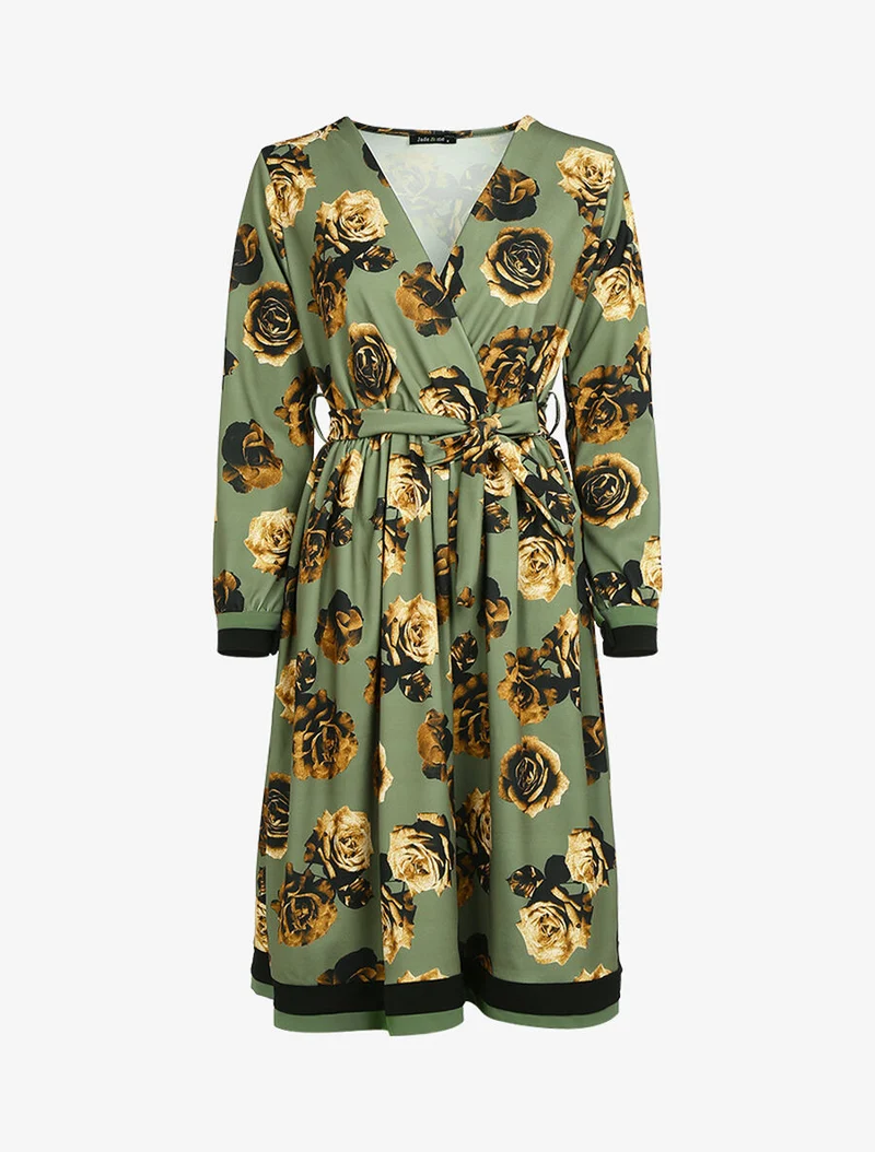 50er-Jahre-Kleid mit Blumenmuster - Kaki
