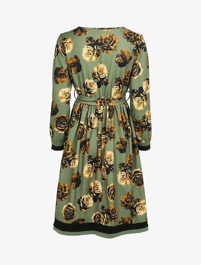50er-Jahre-Kleid mit Blumenmuster - Kaki