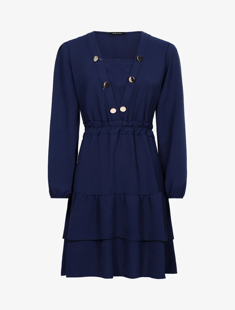 Leichtes Kleid mit geknöpftem V-Ausschnitt am Oberteil - Mitternachtsblau