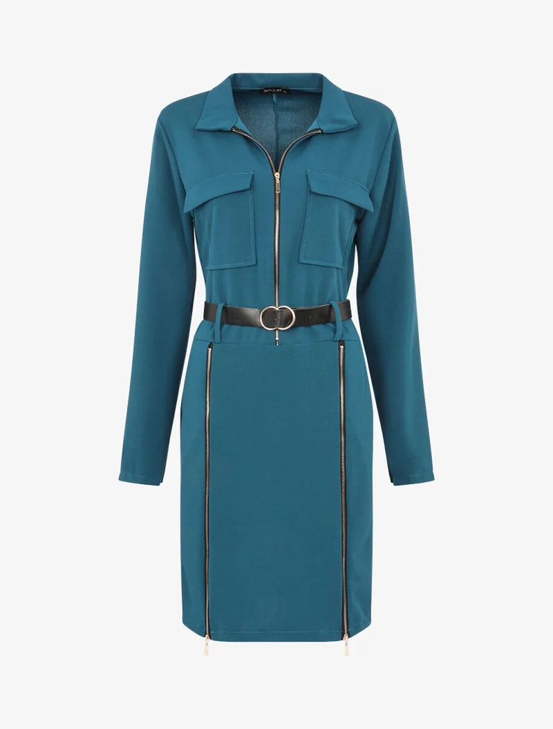 Kleid mit kontrastierenden Reißverschlüssen - Petrolblau