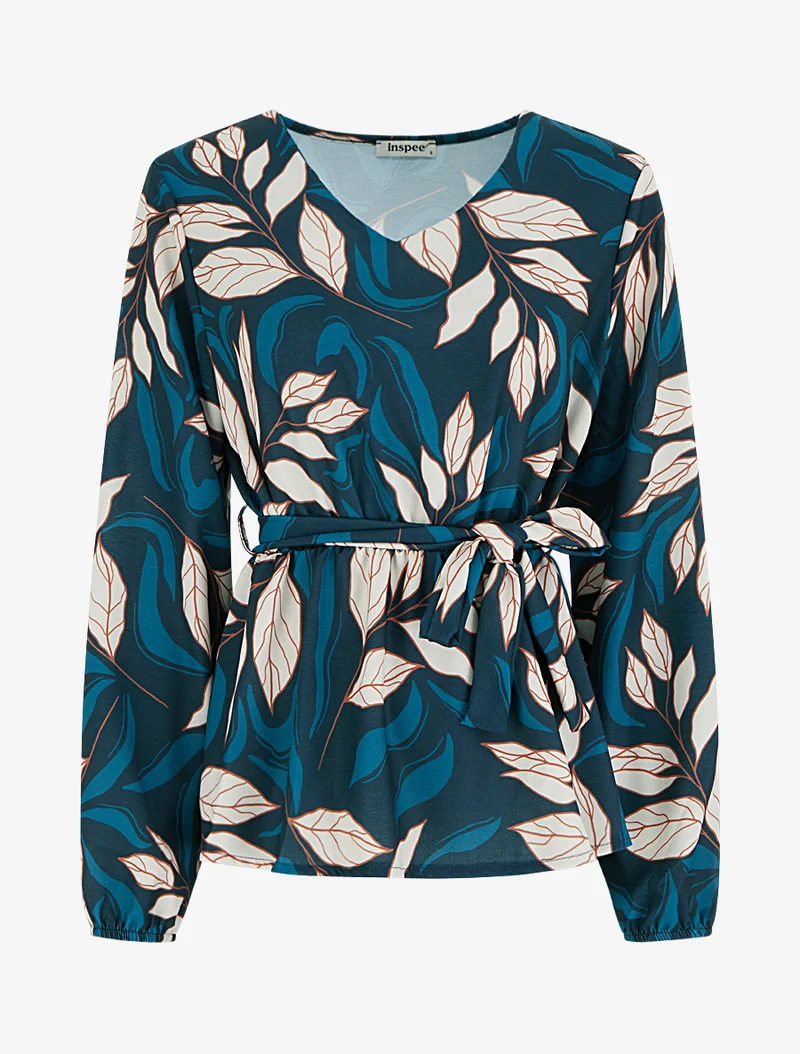 Elastische Bluse mit Blattdruck - Entenblau