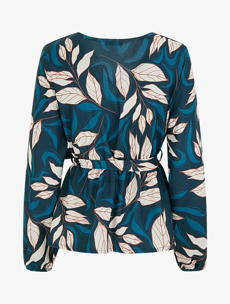Elastische Bluse mit Blattdruck - Entenblau