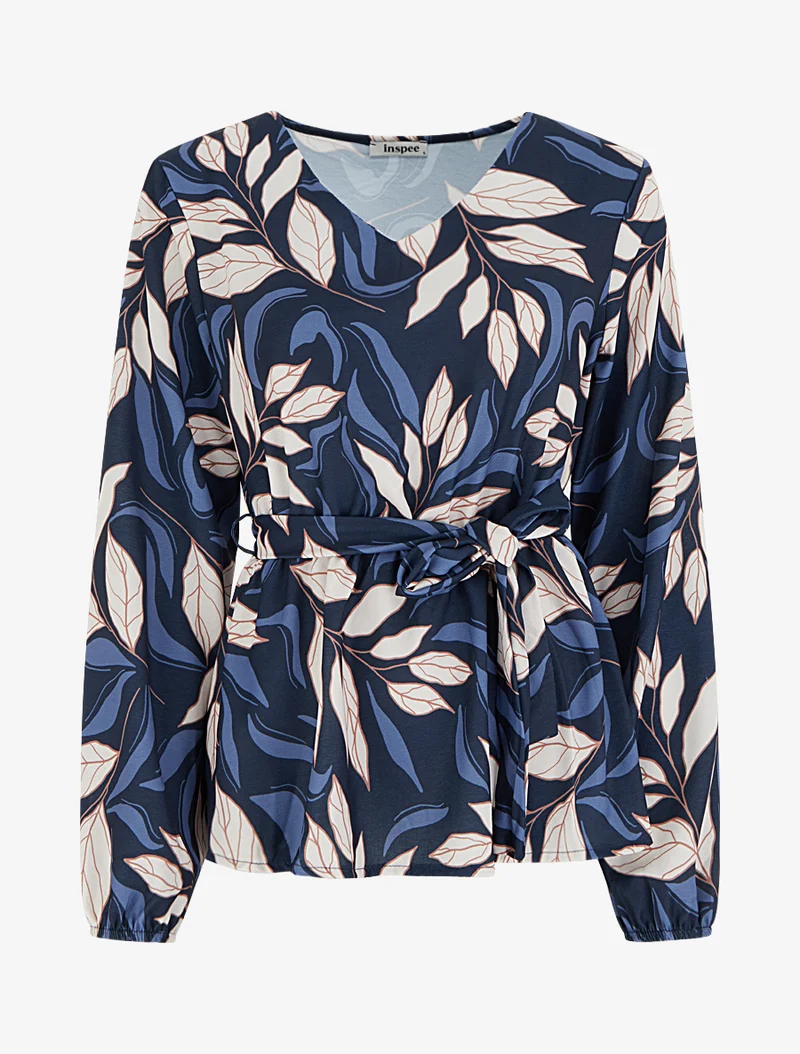 Elastische Bluse mit Blattdruck - Marine