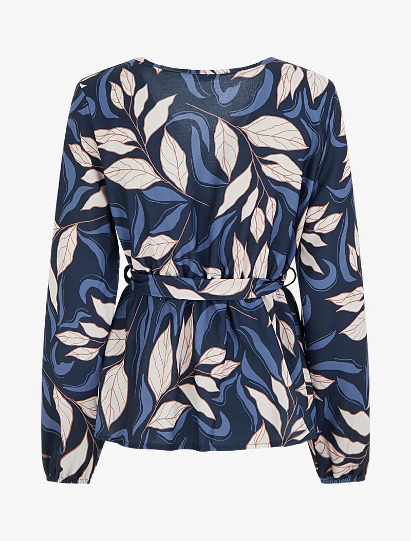 Elastische Bluse mit Blattdruck - Marine