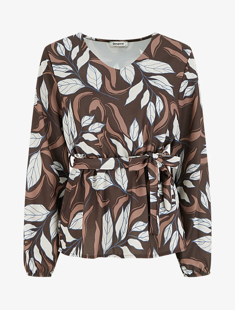 Elastische Bluse mit Blattdruck - Braun
