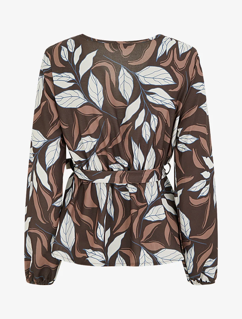 Elastische Bluse mit Blattdruck - Braun