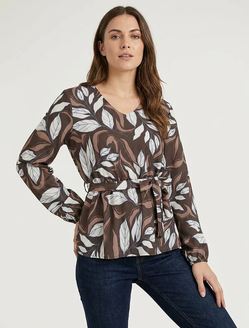 Elastische Bluse mit Blattdruck - Braun