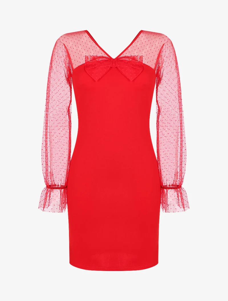 Kleid mit gepunktetem Tüll-Einsatz - Rot