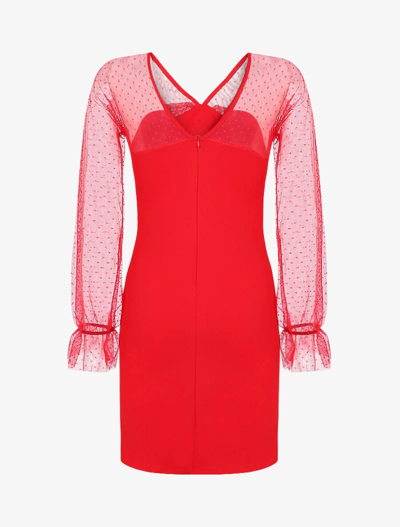 Kleid mit gepunktetem Tüll-Einsatz - Rot