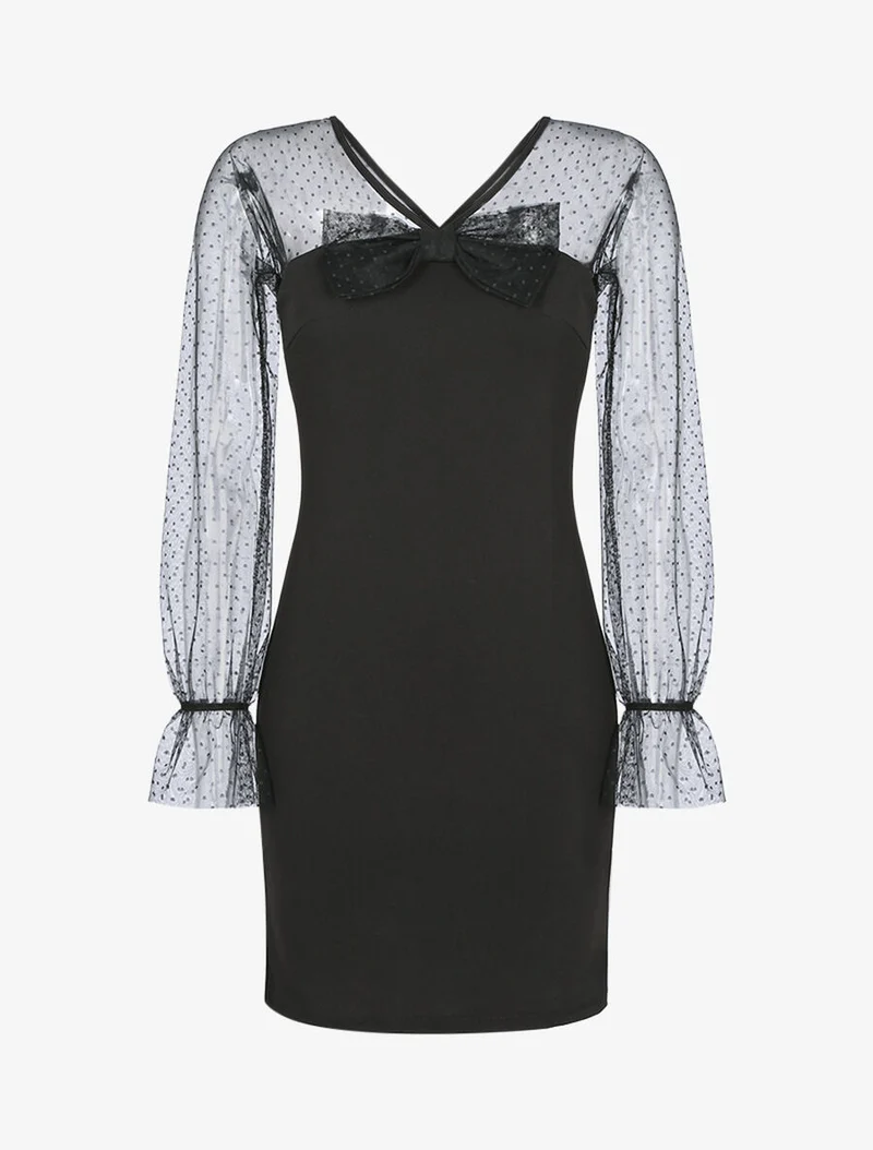 Kleid mit gepunktetem Tüll-Einsatz - Schwarz