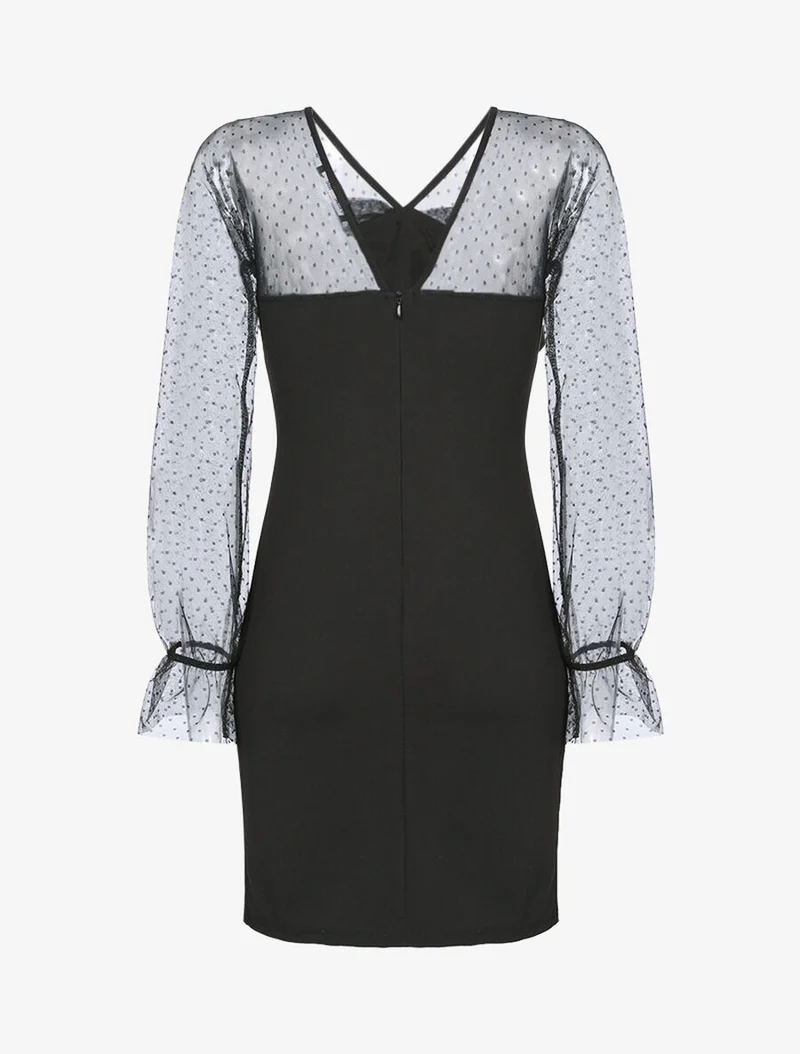 Kleid mit gepunktetem Tüll-Einsatz - Schwarz