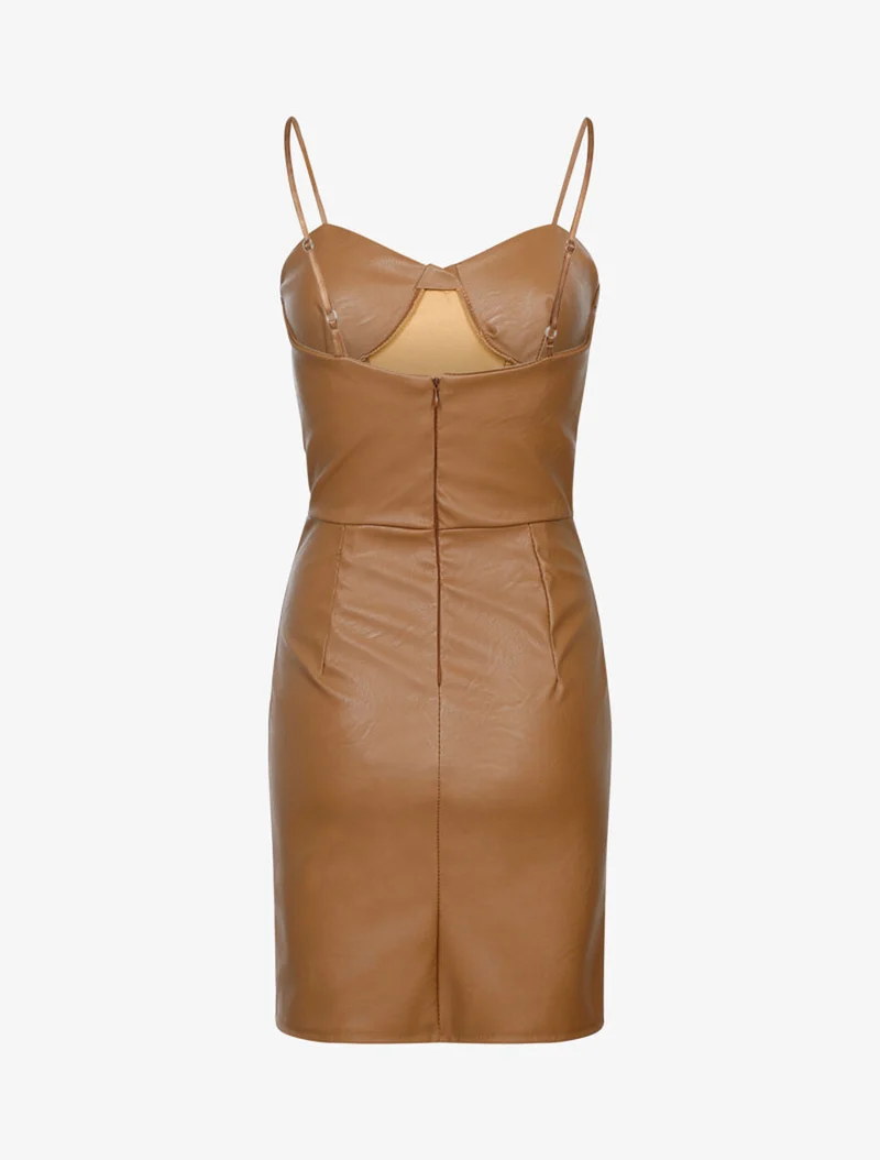 Kleid aus Kunstleder mit genähtem Bustier - Kamel