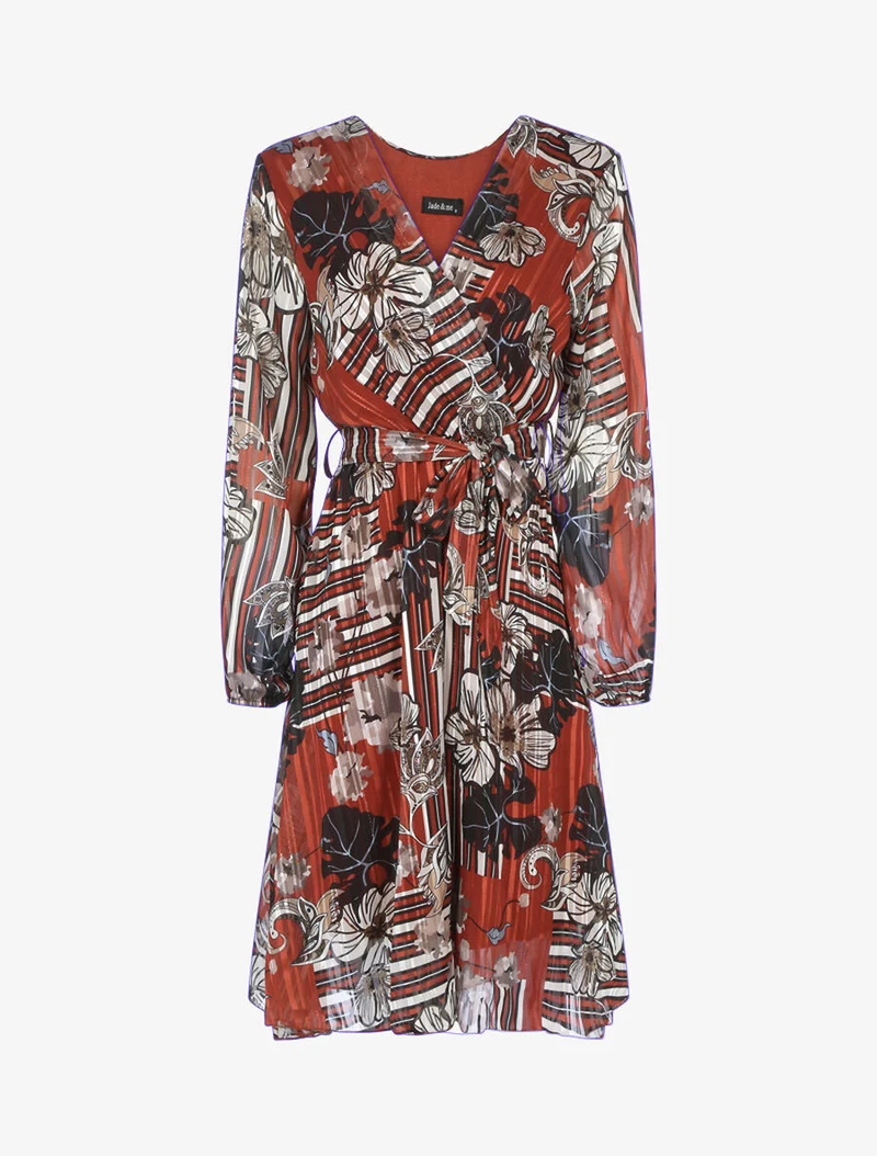 Wickelkleid aus fließendem Stoff mit Print - Ocker