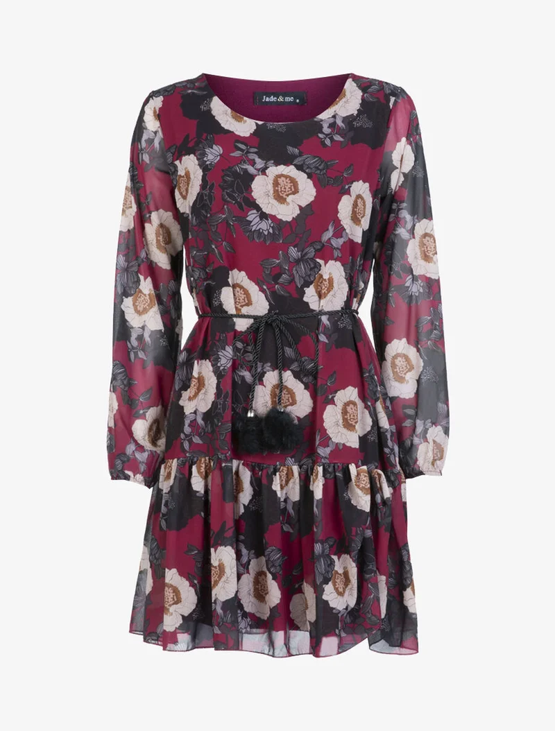 Kleid aus Voile mit Blumenmuster - Weinrot