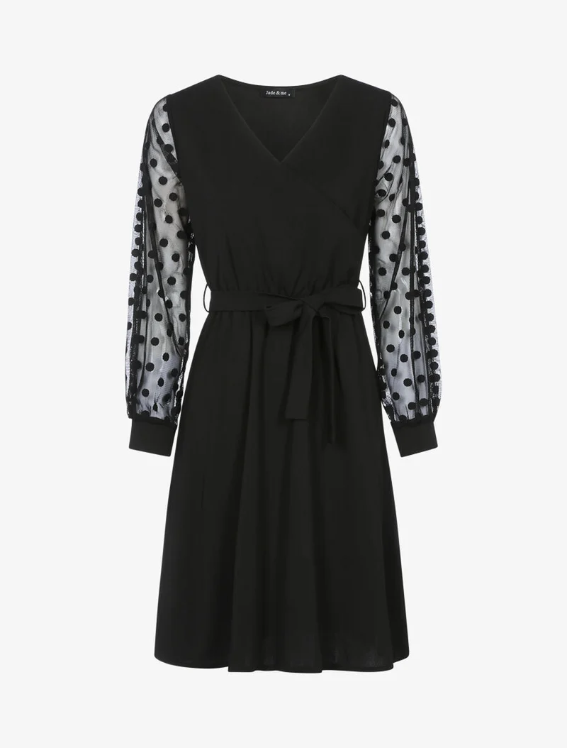 Fließendes Kleid mit transparenten Ärmeln und Punkten - Schwarz