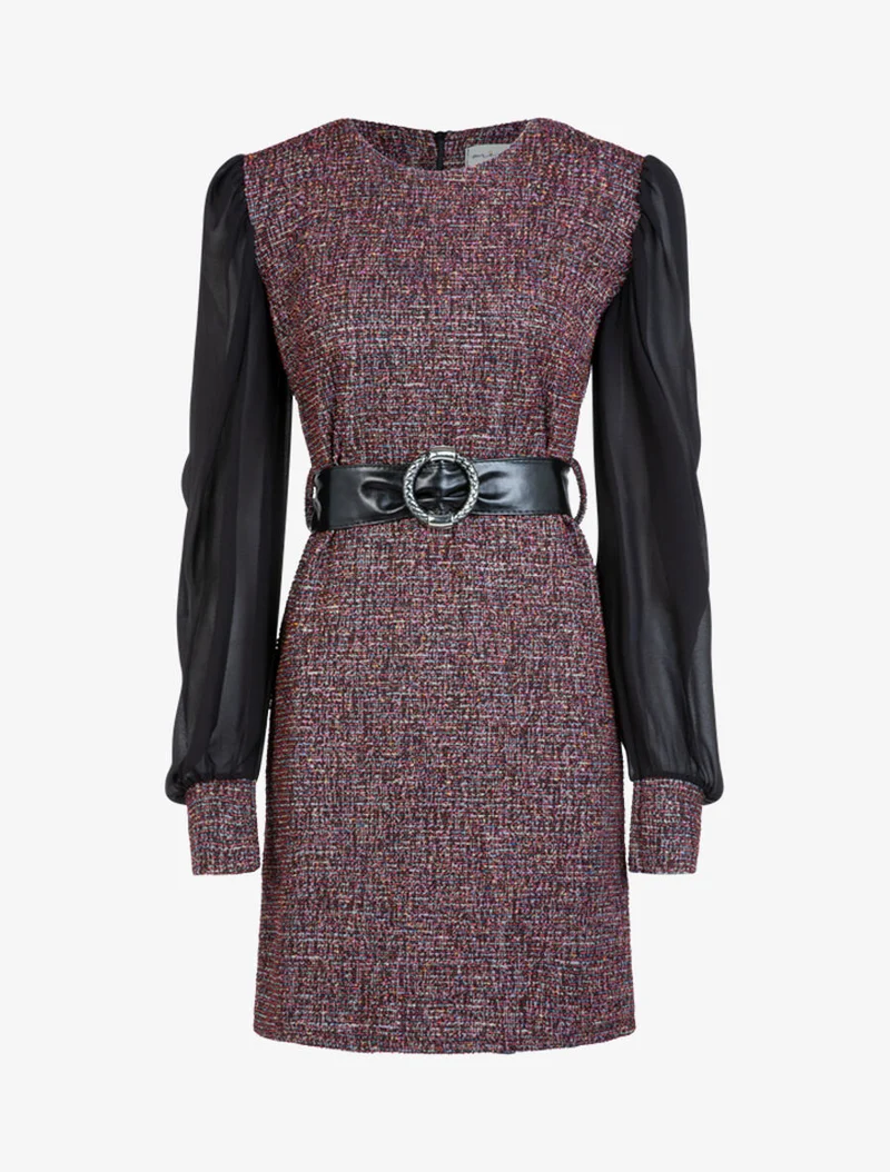 Mehrfarbiges Strickkleid mit Struktur - Rot
