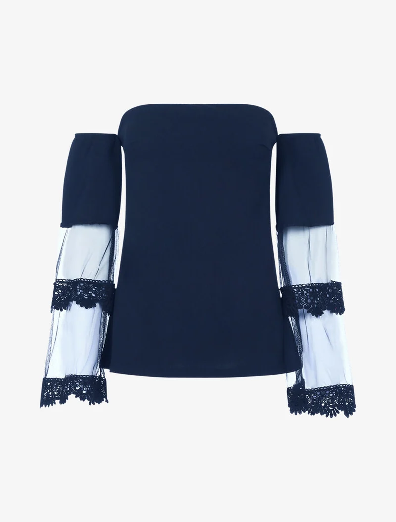 Oberteil mit Trompetenärmeln aus Voile - Mitternachtsblau