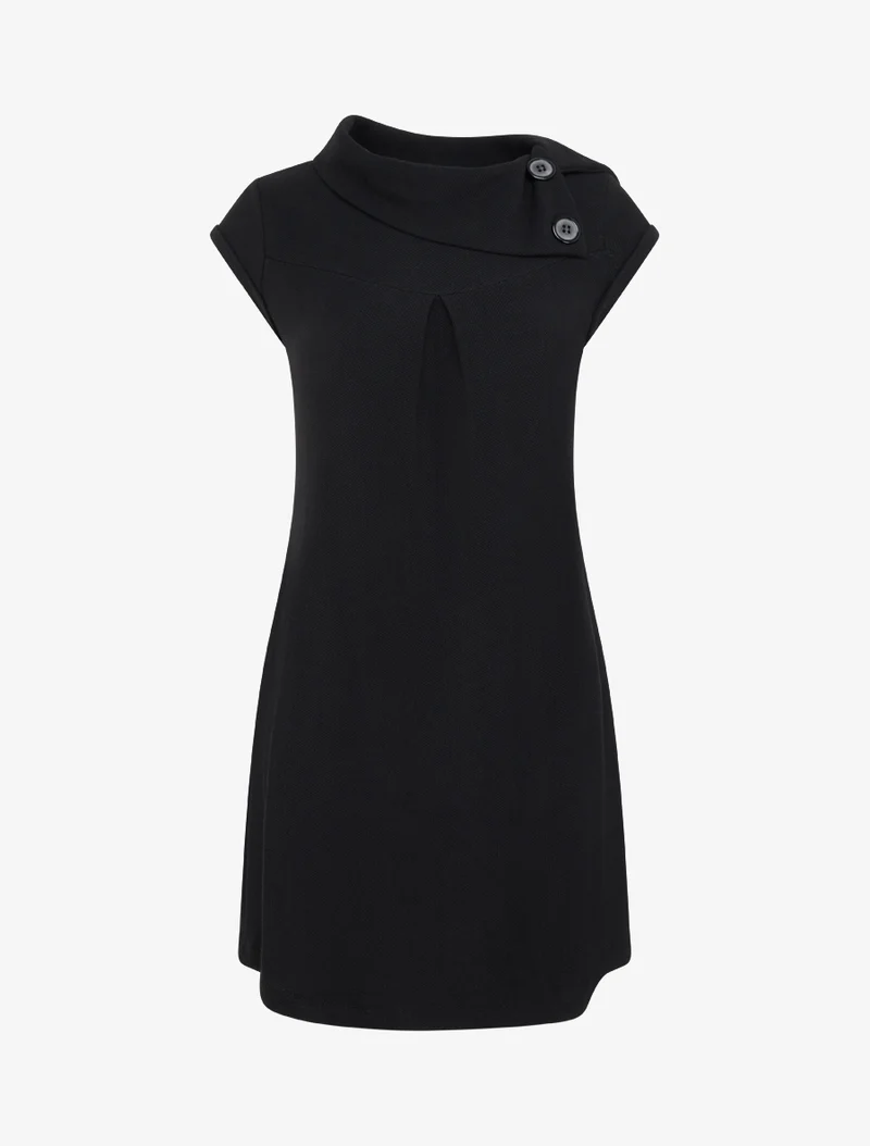 Strickkleid mit umgeschlagenem Kragen und Knöpfen - Schwarz