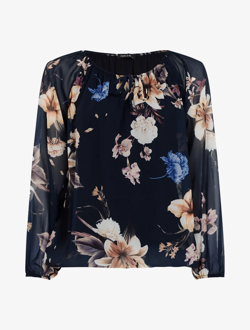 Blumige Bluse mit elastischem Ausschnitt - Marine