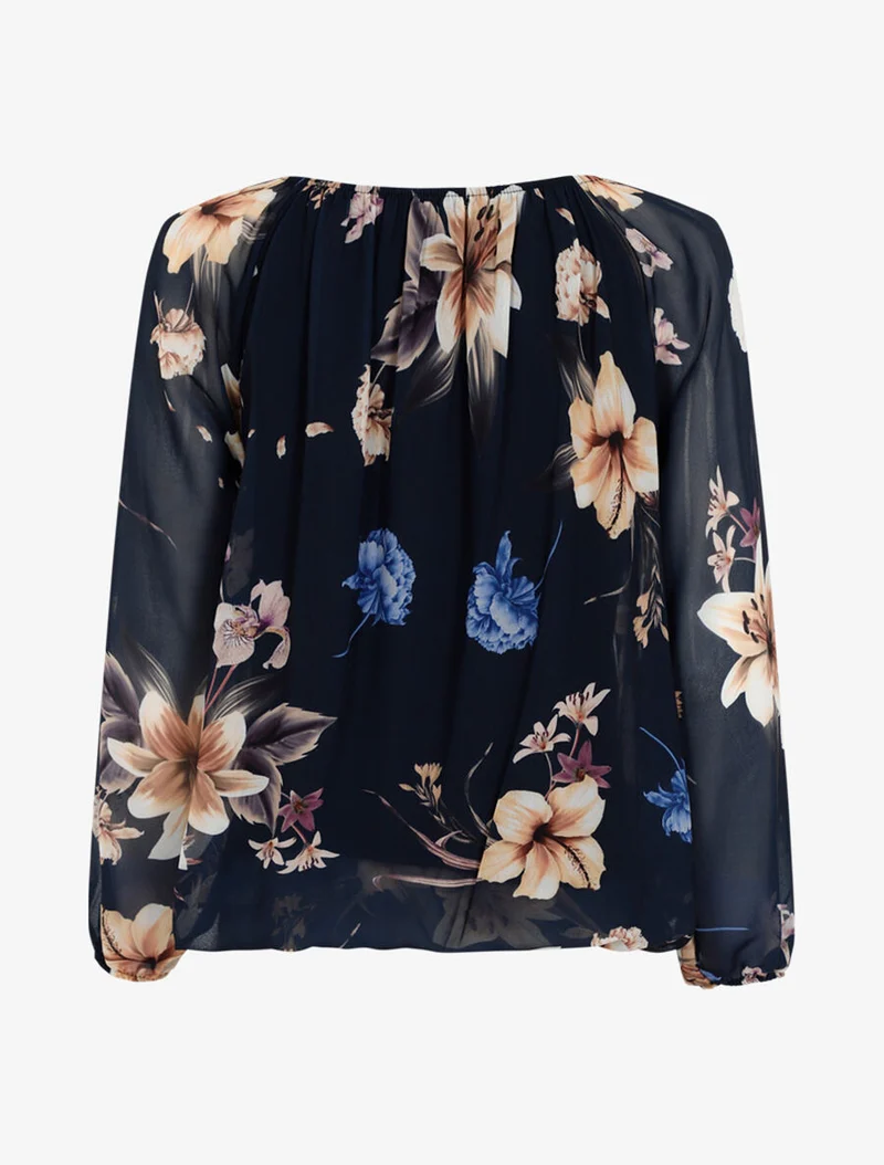 Blumige Bluse mit elastischem Ausschnitt - Marine