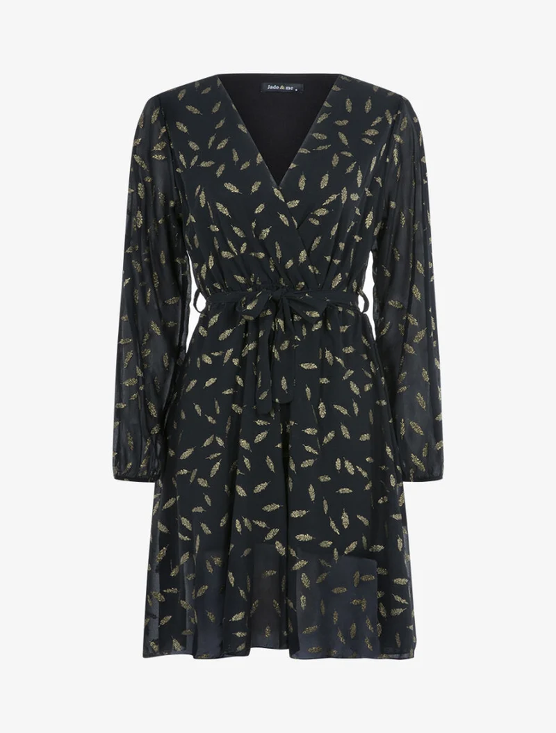 Kleid mit schimmerndem Blätterdruck - Schwarz