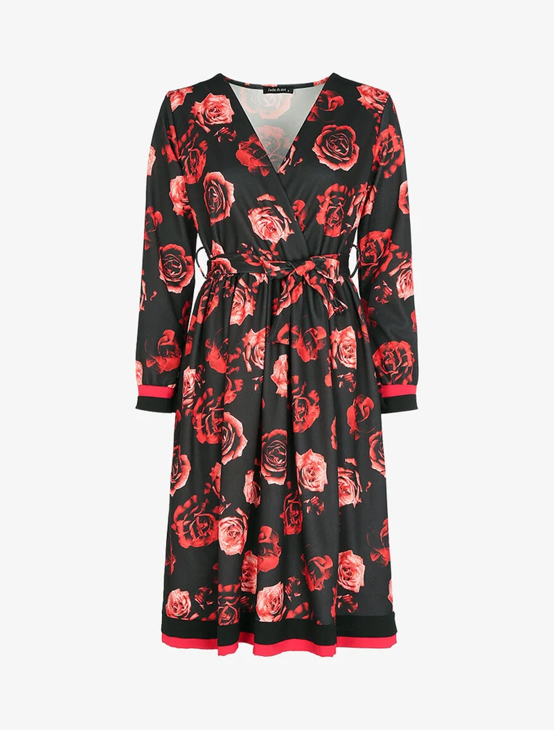 50er-Jahre-Kleid mit Blumenmuster - Schwarz