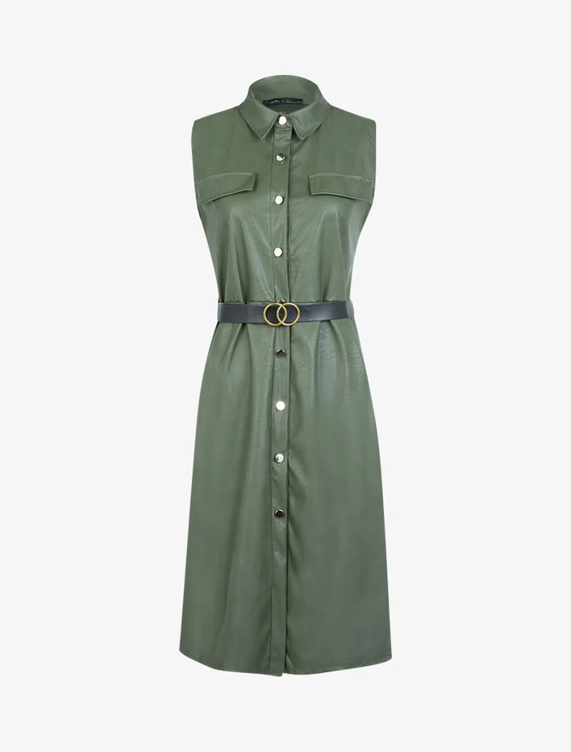 Midi-Kleid aus Kunstleder - Kaki