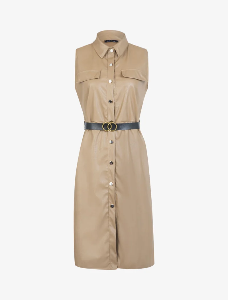 Midi-Kleid aus Kunstleder - Kamel