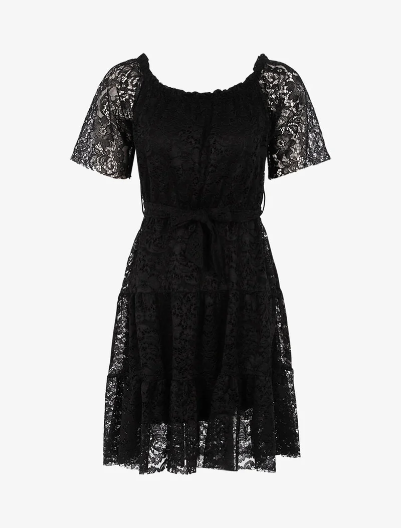 Blumenspitzenkleid gefüttert - Schwarz