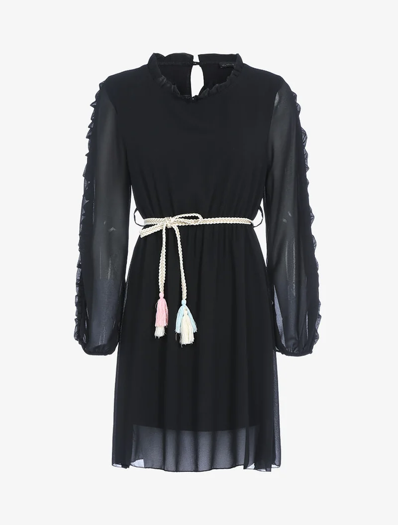 Kleid aus feinem Voile mit Rüschenärmeln - Schwarz