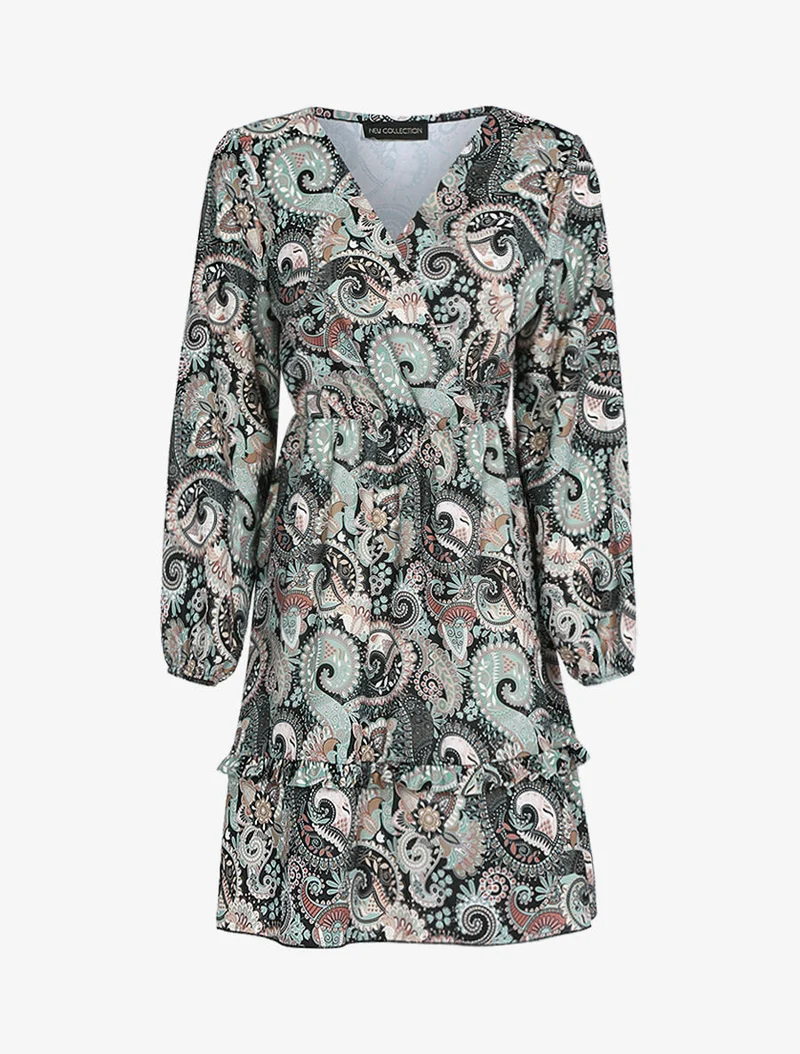 Volantkleid mit Paisleymuster - Schwarz