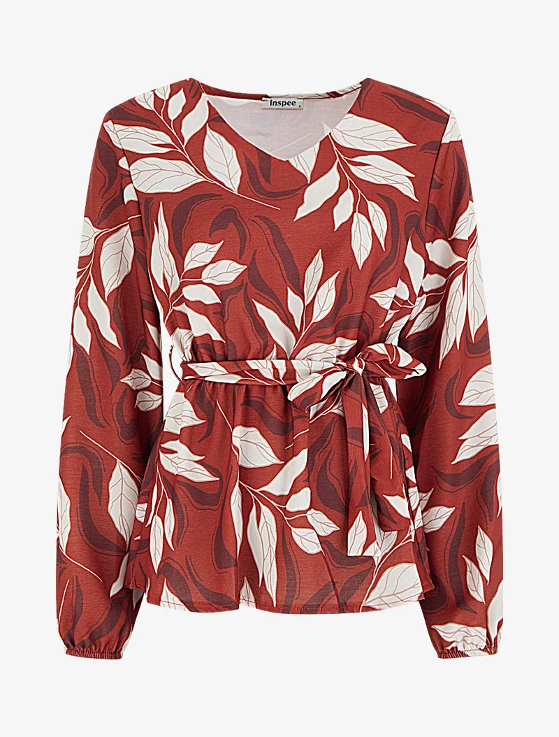 Elastische Bluse mit Blattdruck - Rot