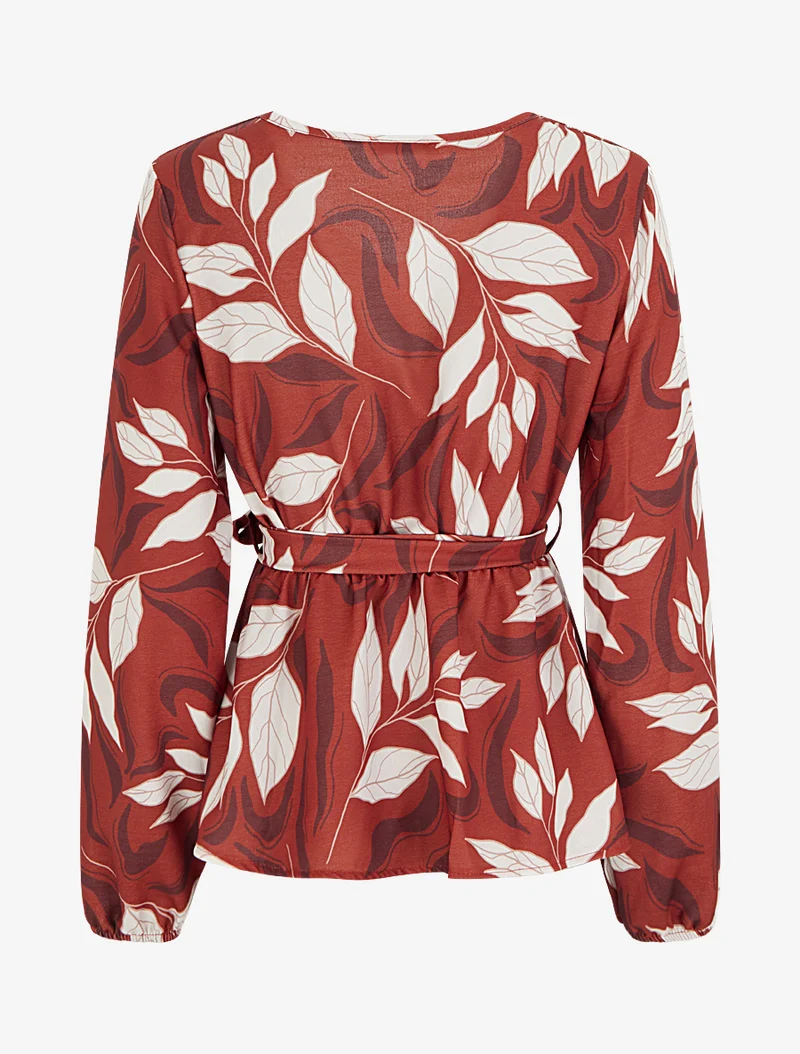 Elastische Bluse mit Blattdruck - Rot