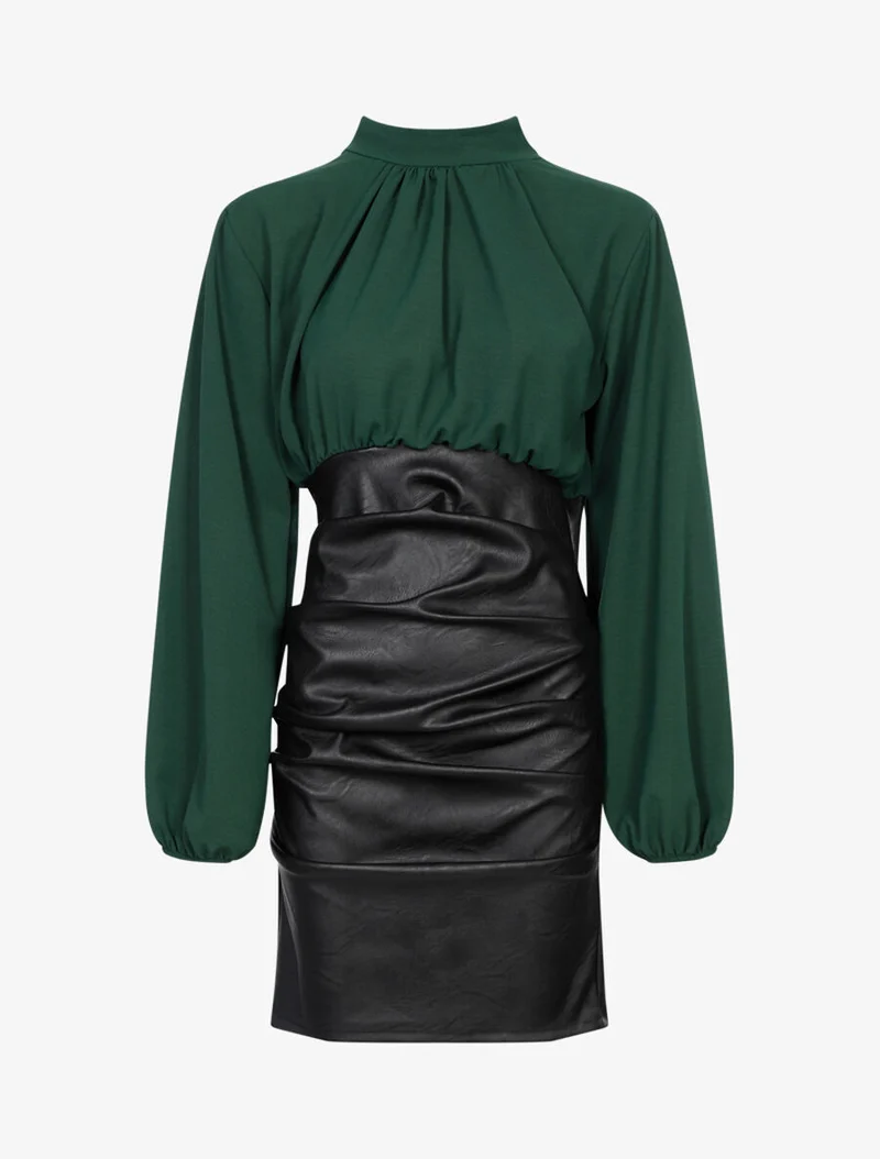 Kleid aus Voile und plissiertem Kunstlederrock - Grün/schwarz