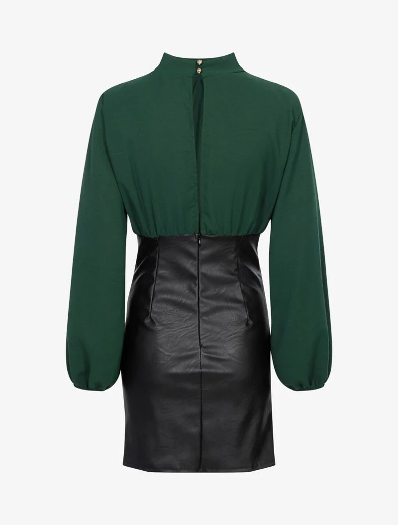Kleid aus Voile und plissiertem Kunstlederrock - Grün/schwarz