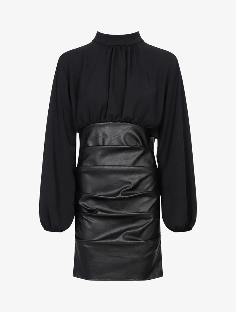 Kleid aus Voile und plissiertem Kunstlederrock - Schwarz