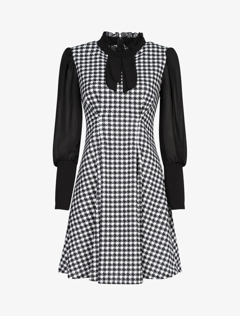 Hahnentritt-Kleid mit Lavallière-Kragen - Schwarz